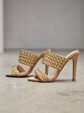 Studded Taupe High-Heel Sandals With Gold Accents & Open Toe Design